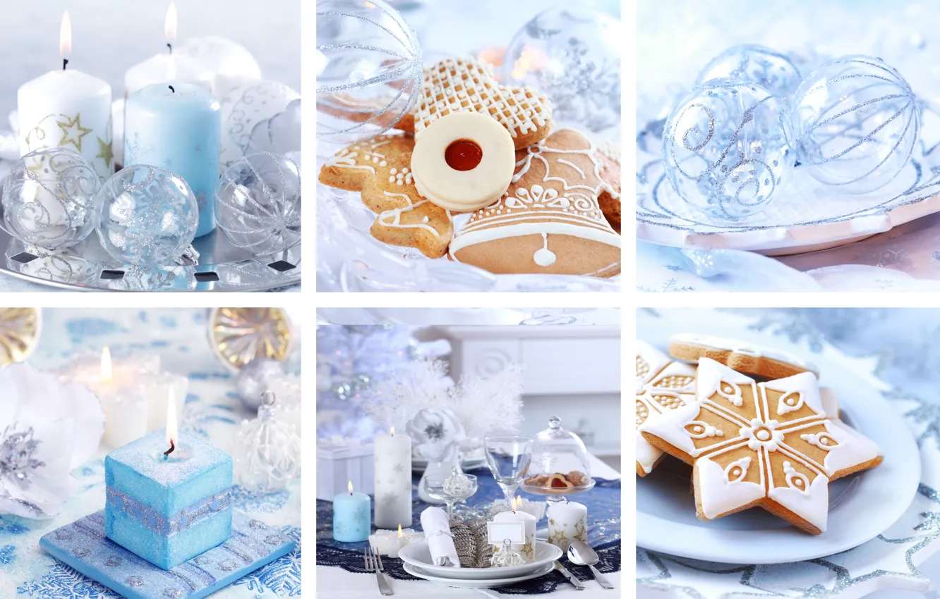 Photo wallpaper holiday, blue, collage, new year, candles, cookies, Christmas decorations, serving