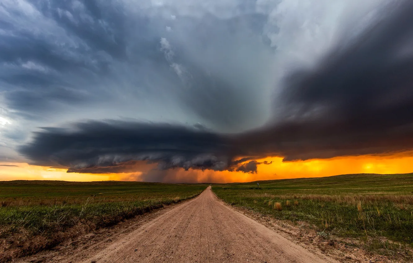 Photo wallpaper road, field, clouds