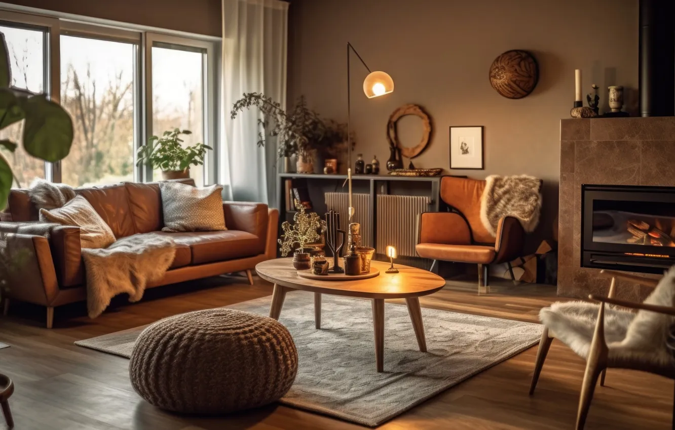 Photo wallpaper design, room, interior, plants, chairs, fireplace, sofa, vintage