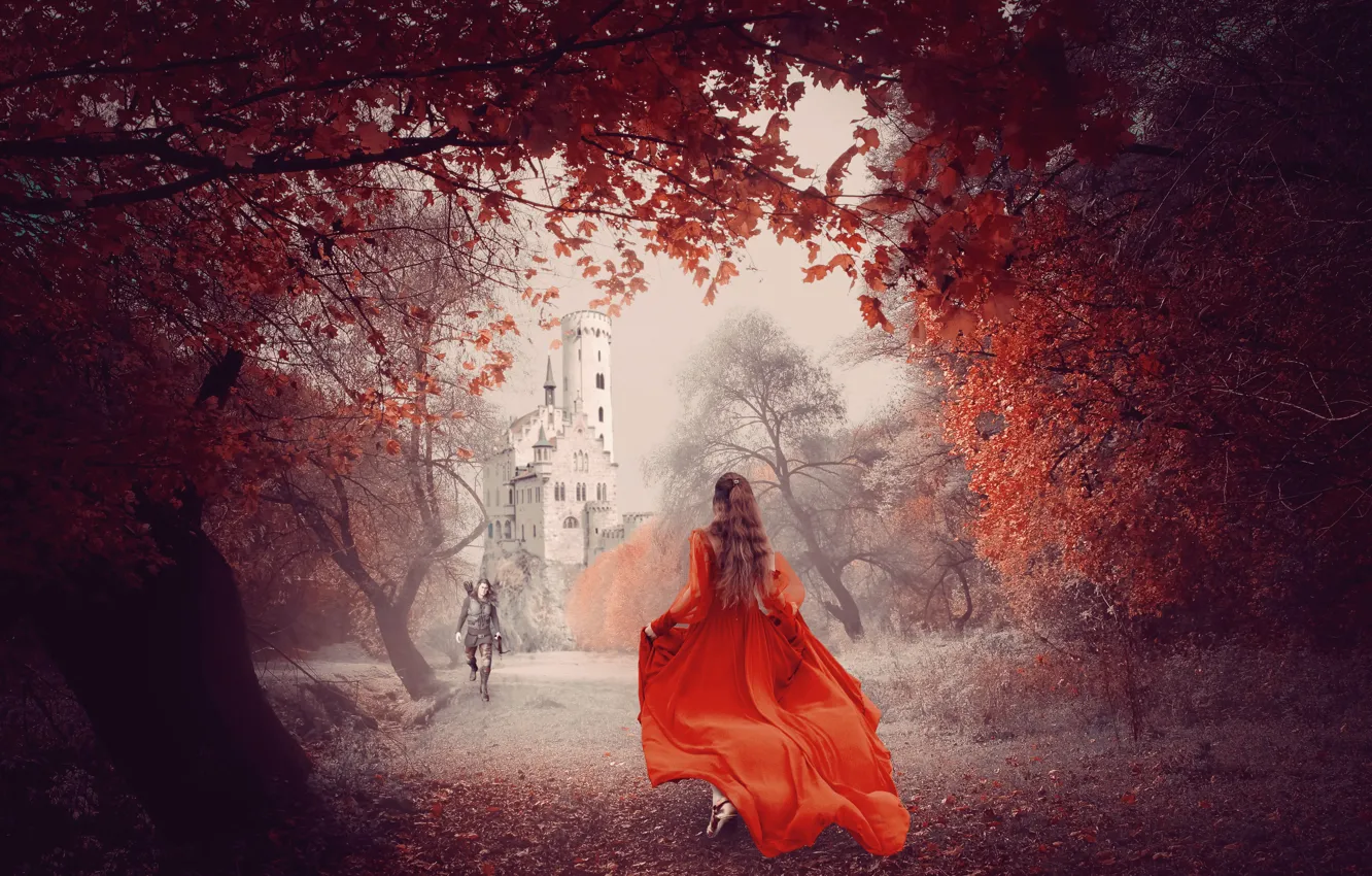 Photo wallpaper road, autumn, girl, trees, love, branches, fog, castle