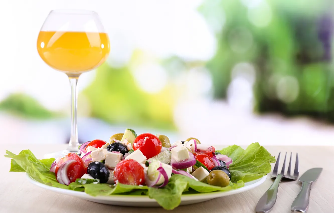 Photo wallpaper Greek salad, salad, glass, juice, appetizer, glass, salad
