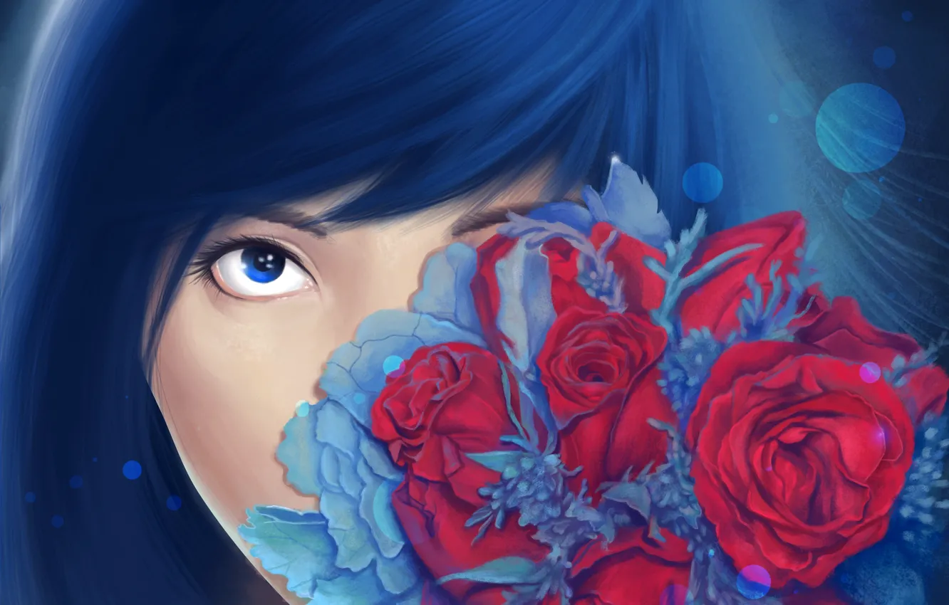 Photo wallpaper look, flowers, face, roses, bouquet, art, painting, girl. blue hair