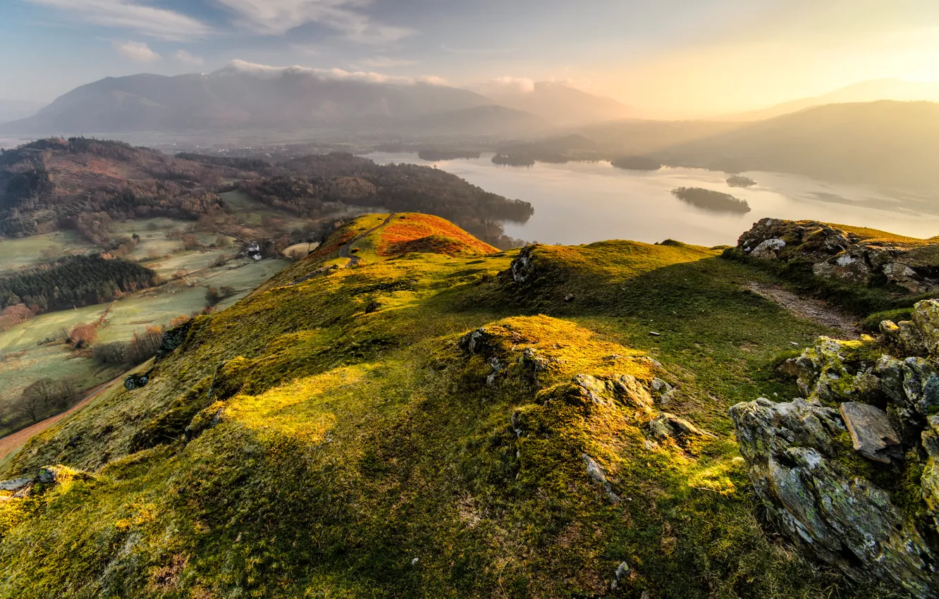 Photo wallpaper light, mountains, hills, morning, lake, England, Cumbria, national Park lake district