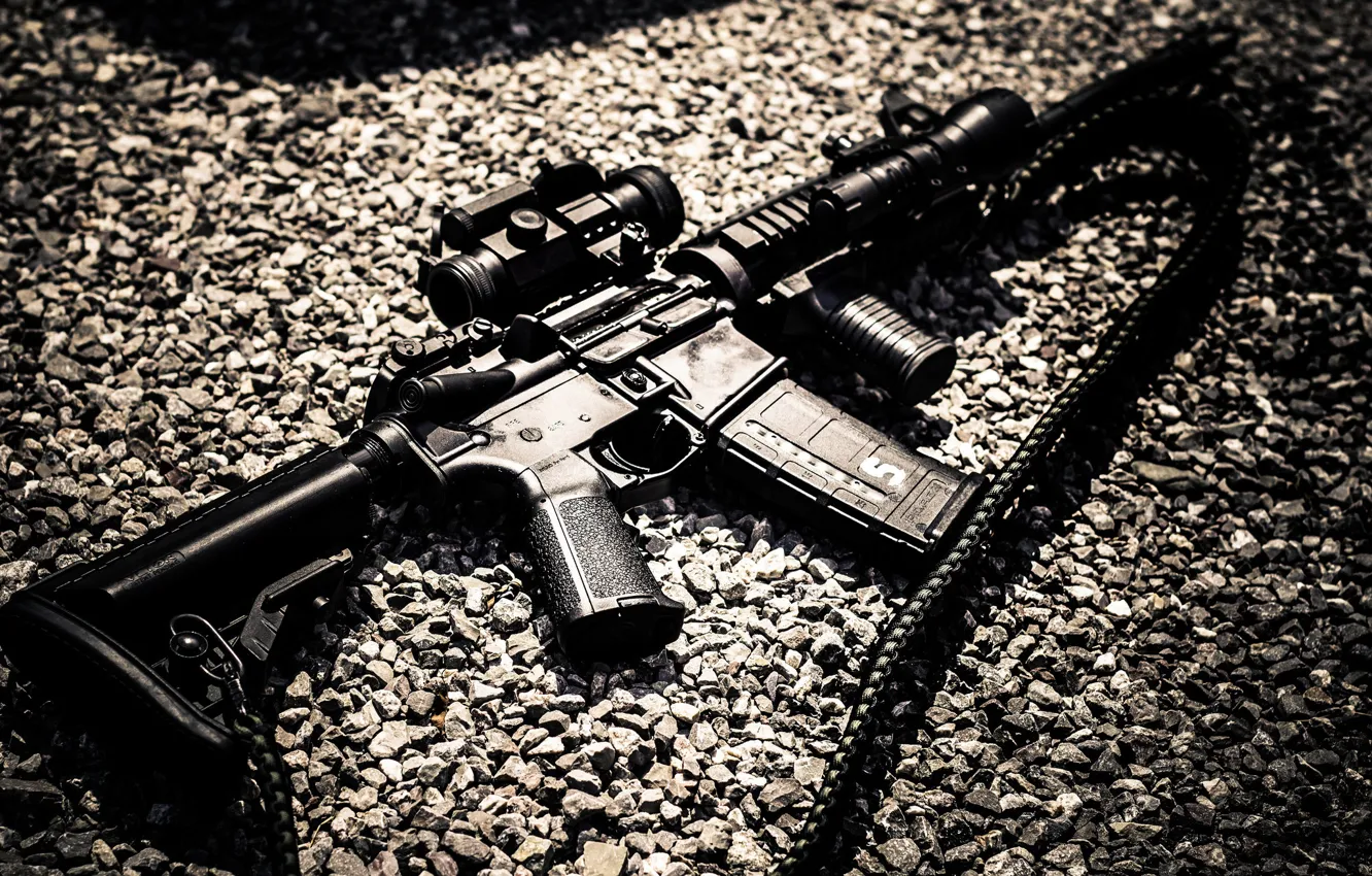 Photo wallpaper weapons, gravel, AR-15, assault rifle