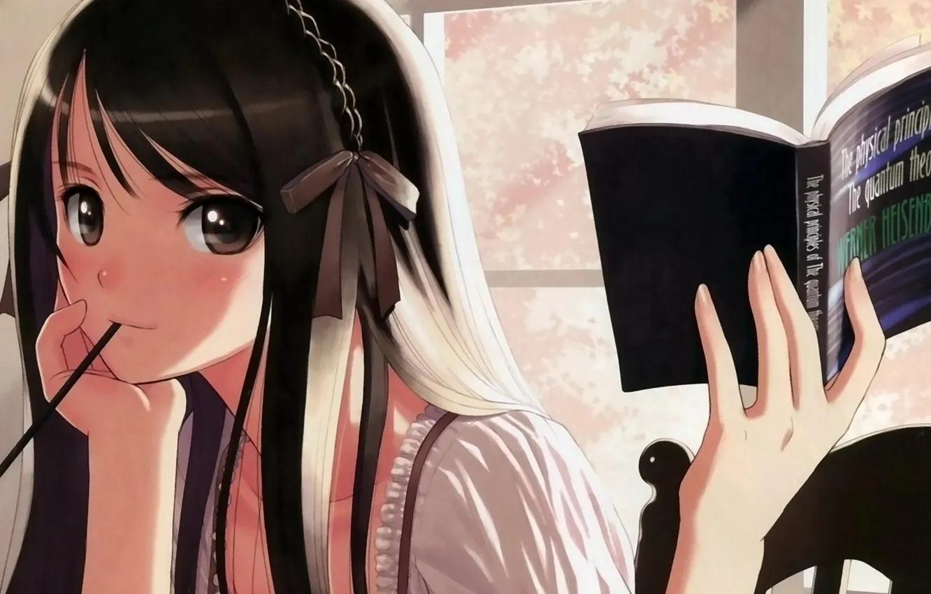 Photo wallpaper girl, pencils, window, book