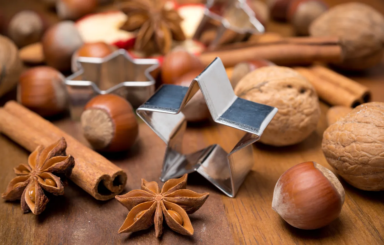 Photo wallpaper winter, stars, holiday, new year, sticks, Christmas, nuts, cinnamon