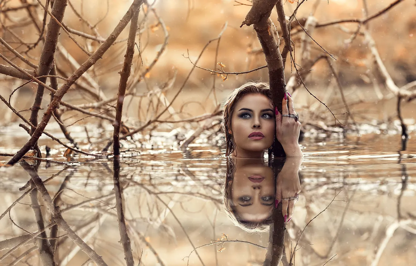 Photo wallpaper girl, lake, reflection, branch, photographer, Alessandro Di Cicco