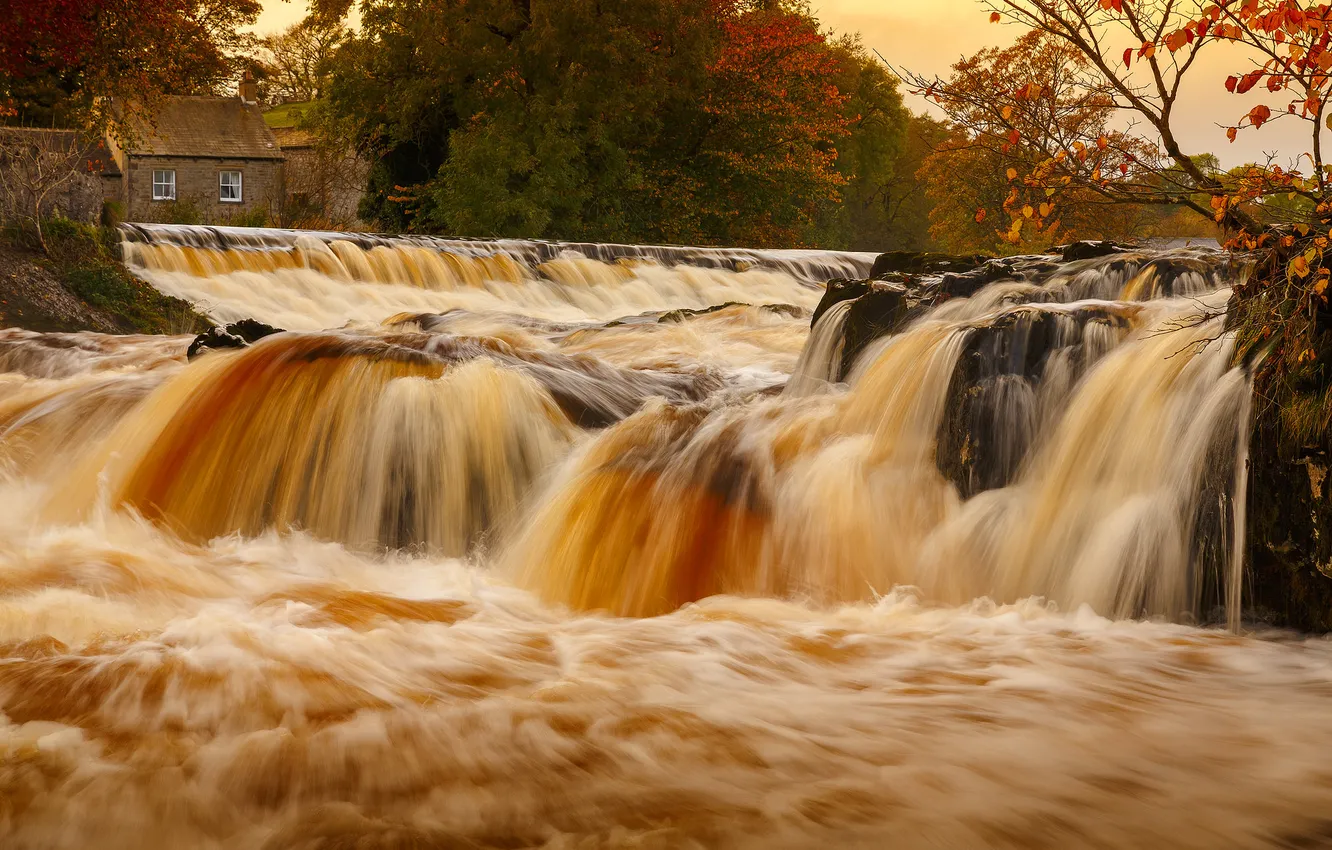 Photo wallpaper autumn, trees, house, river, stream, thresholds