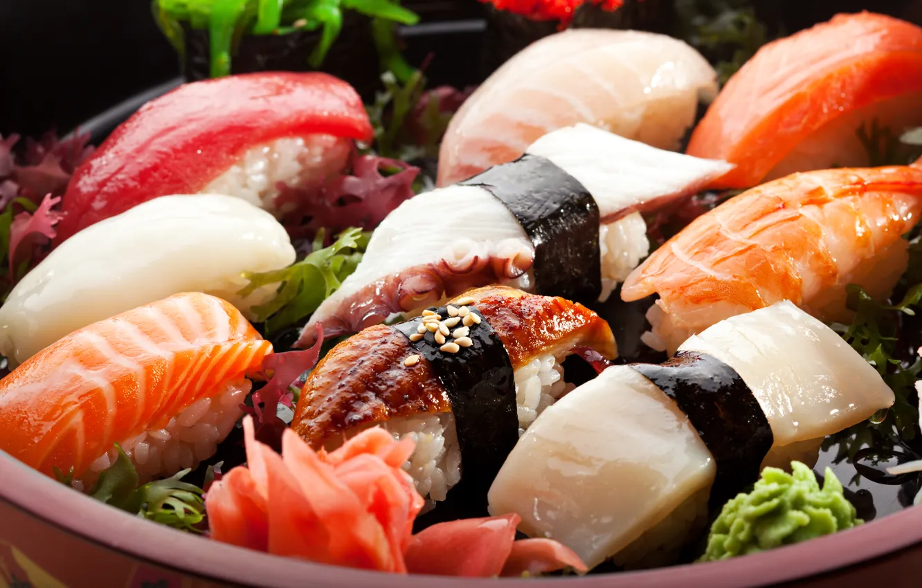 Photo wallpaper fish, sushi, rolls, seafood, ginger