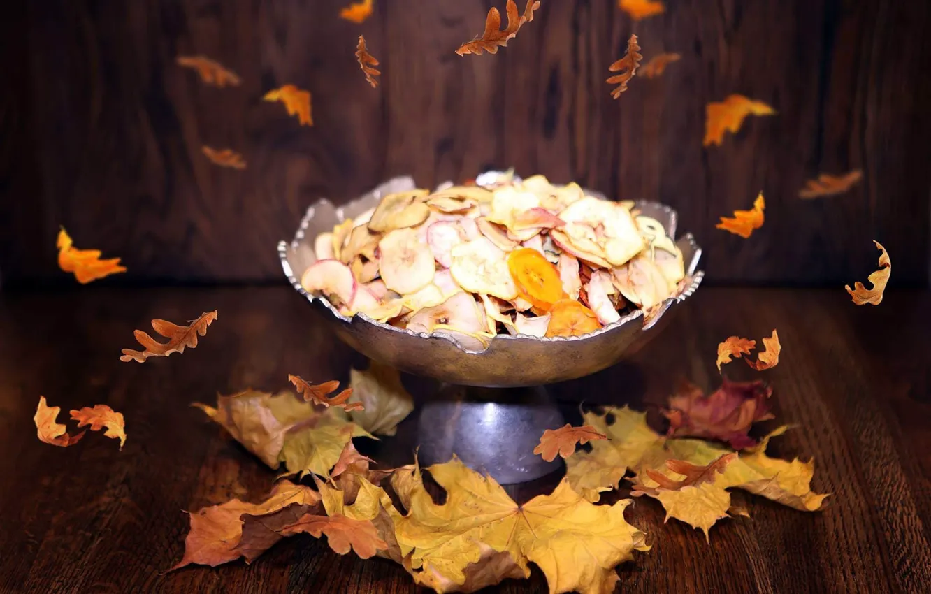 Photo wallpaper yellow, table, background, Board, slide, vase, falling leaves, a lot