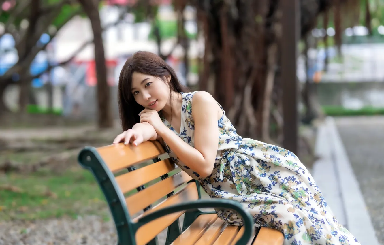 Photo wallpaper girl, Asian, bench
