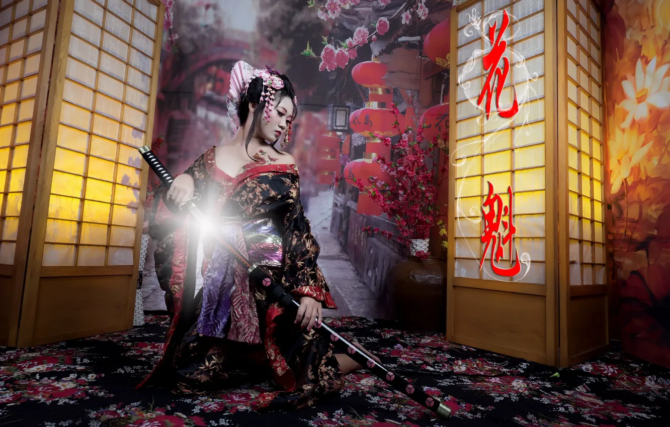 Photo wallpaper girl, style, sword
