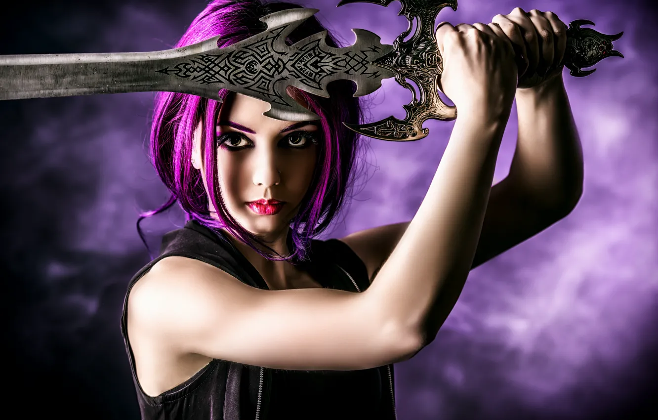 Photo wallpaper look, girl, weapons, background, sword, makeup, piercing, bright hair