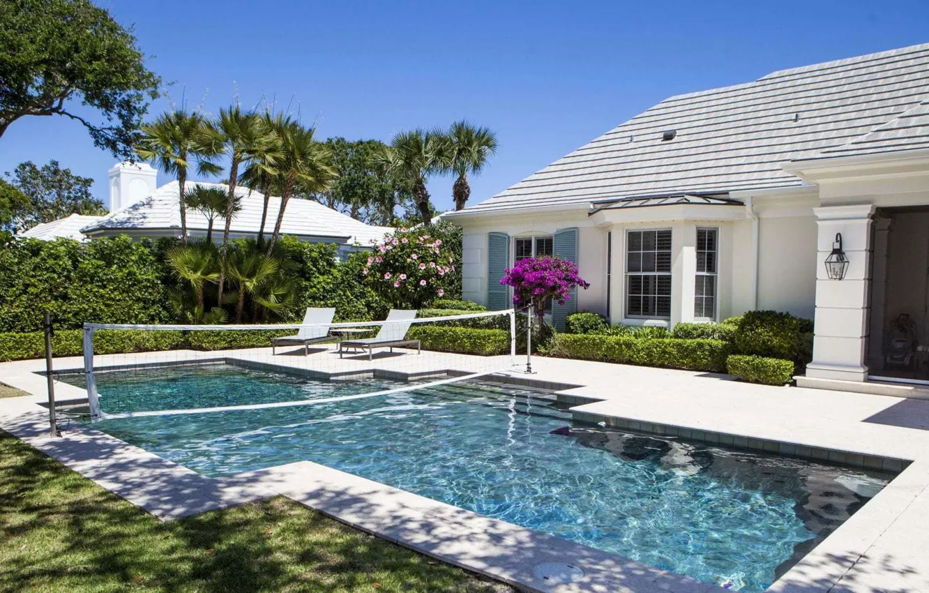 Photo wallpaper flowers, palm trees, Villa, home, pool, yard, terrace, cottage