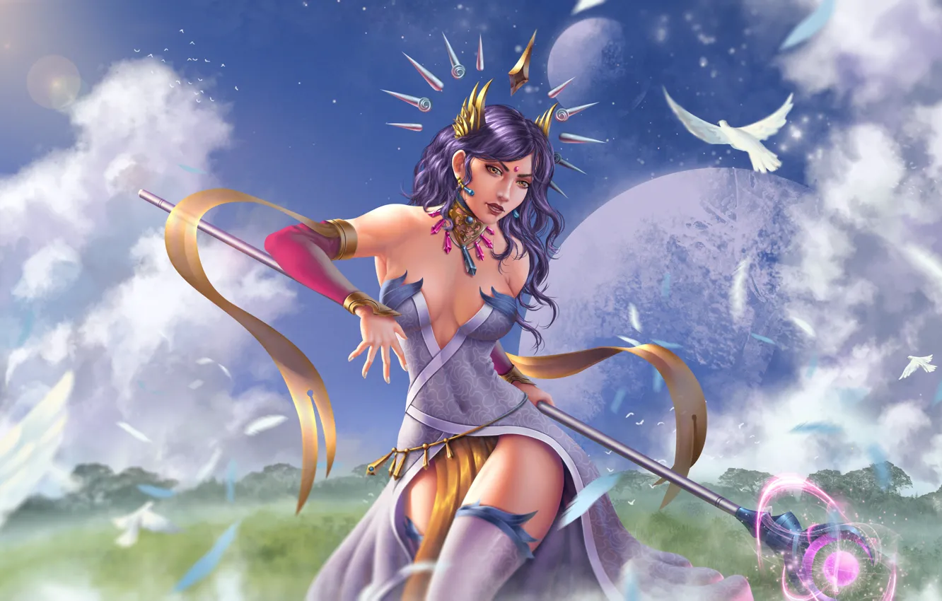 Photo wallpaper chest, girl, bird, planet, dress, beauty, pigeons, MAG