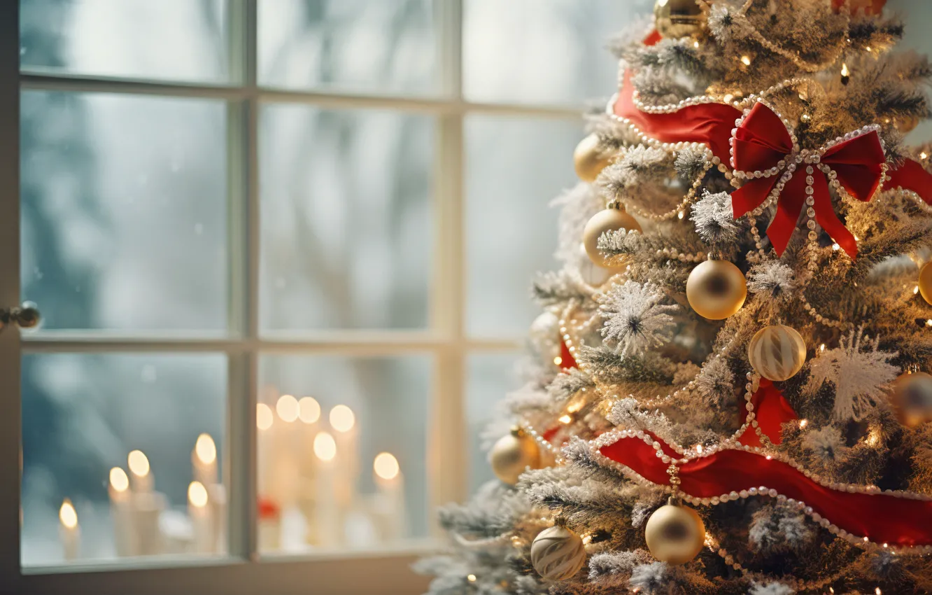 Photo wallpaper balls, decoration, balls, toy, tree, new year, window, Christmas