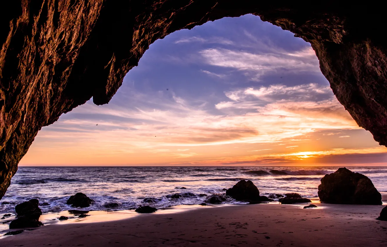 Photo wallpaper sand, wave, sunset, stones, the ocean, rocks, coast, CA