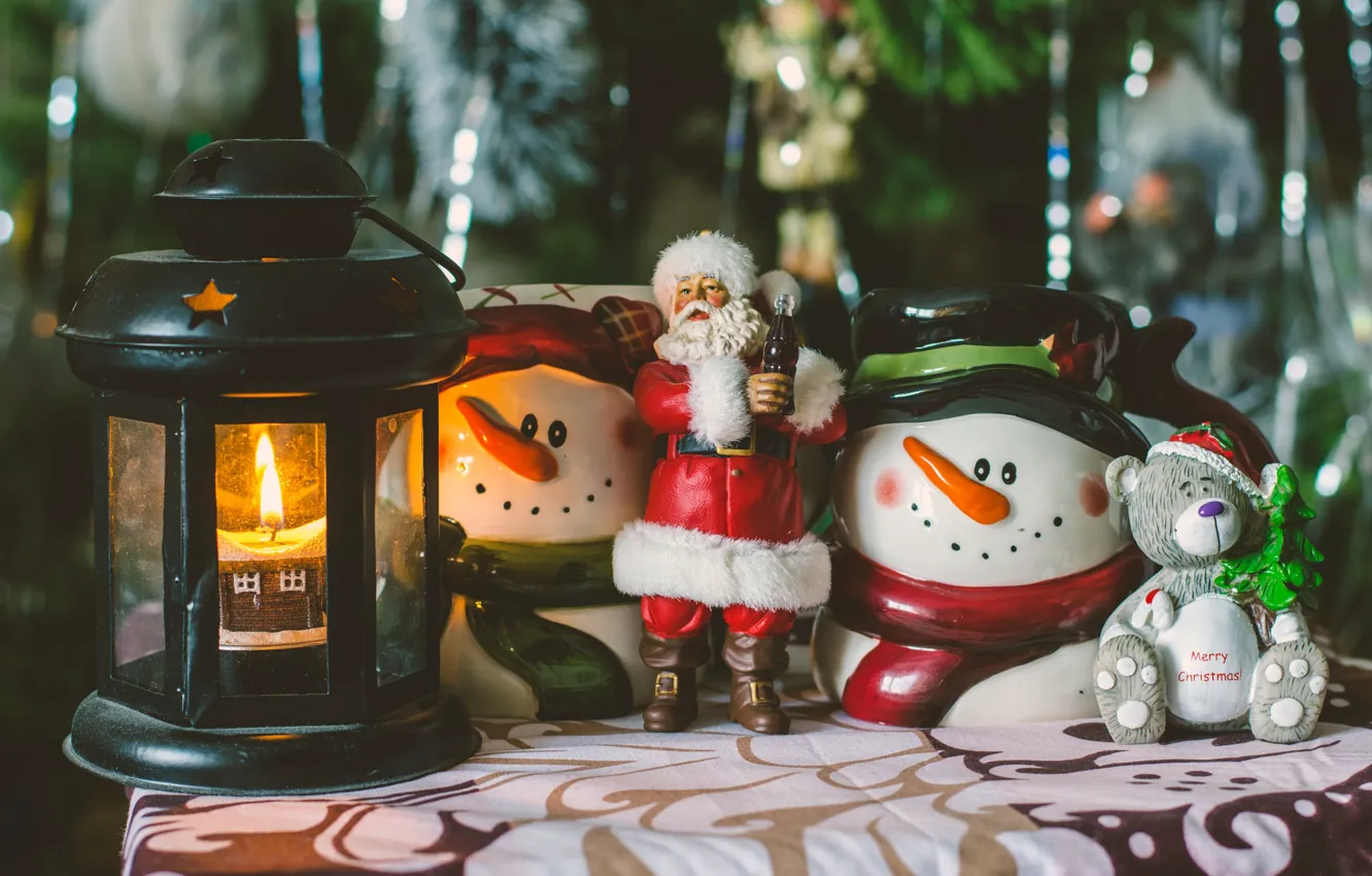 Photo wallpaper rain, holiday, toy, tree, new year, candles, Christmas, bear