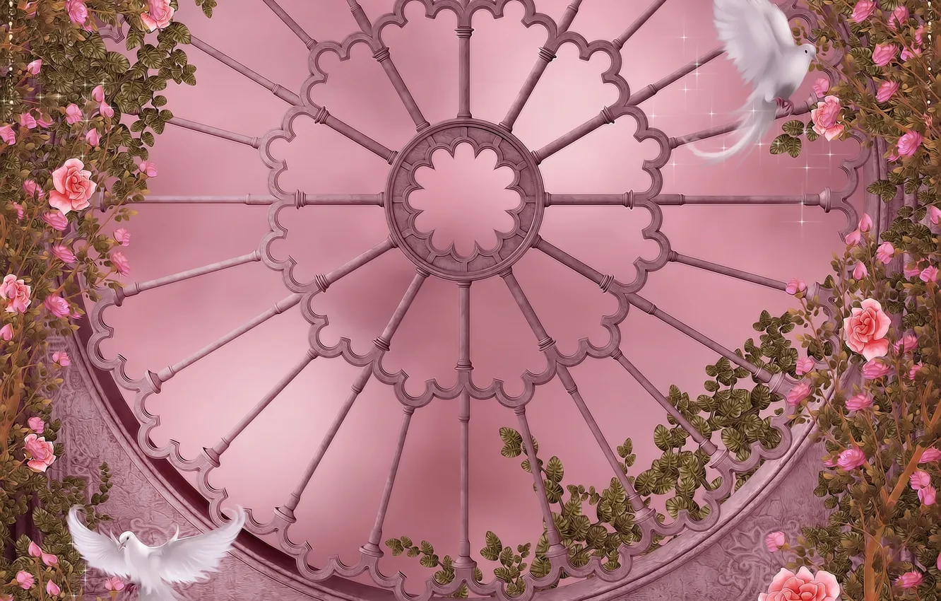 Photo wallpaper flowers, Gothic, roses, window, pigeons, garland, flowers, dove