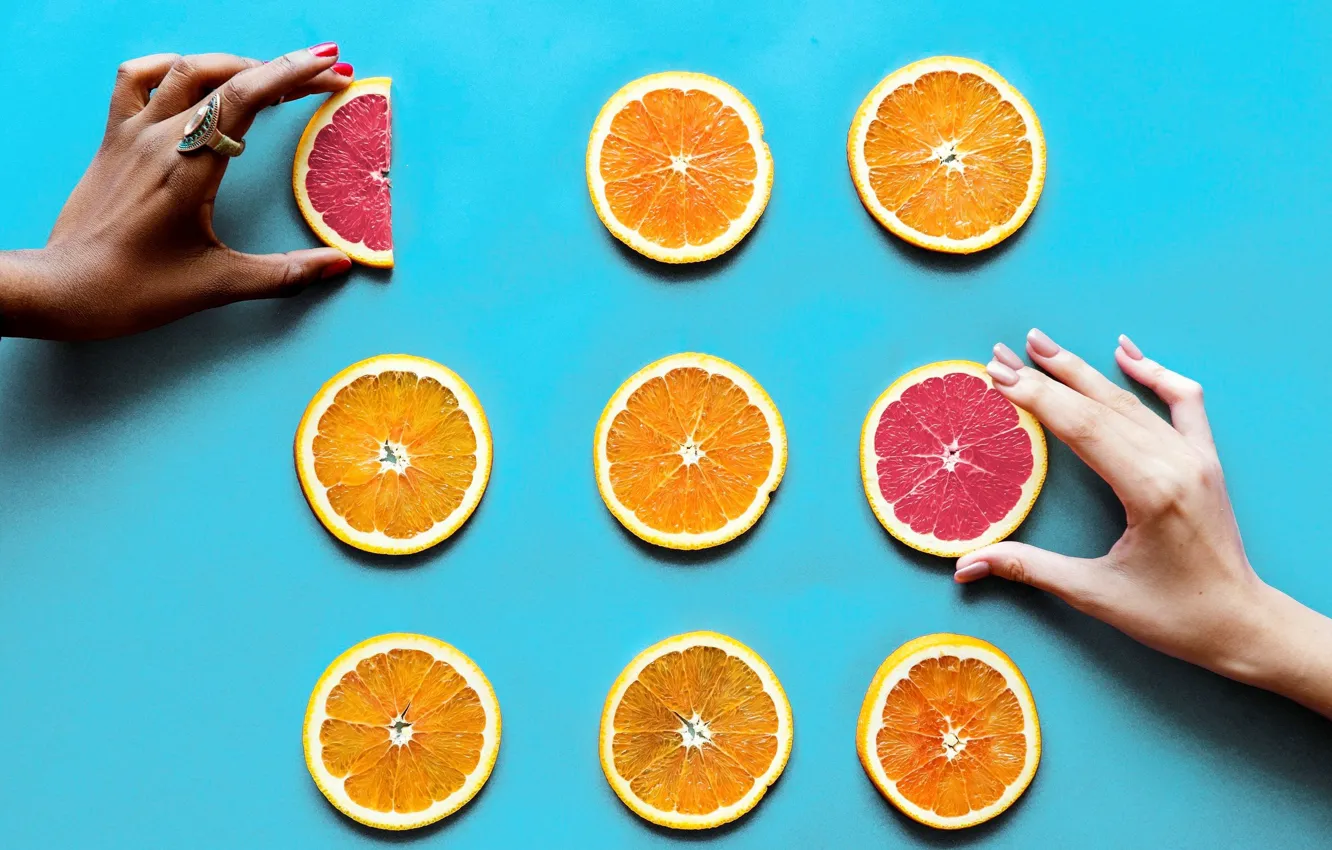 Photo wallpaper background, orange, hands, ring, grapefruit