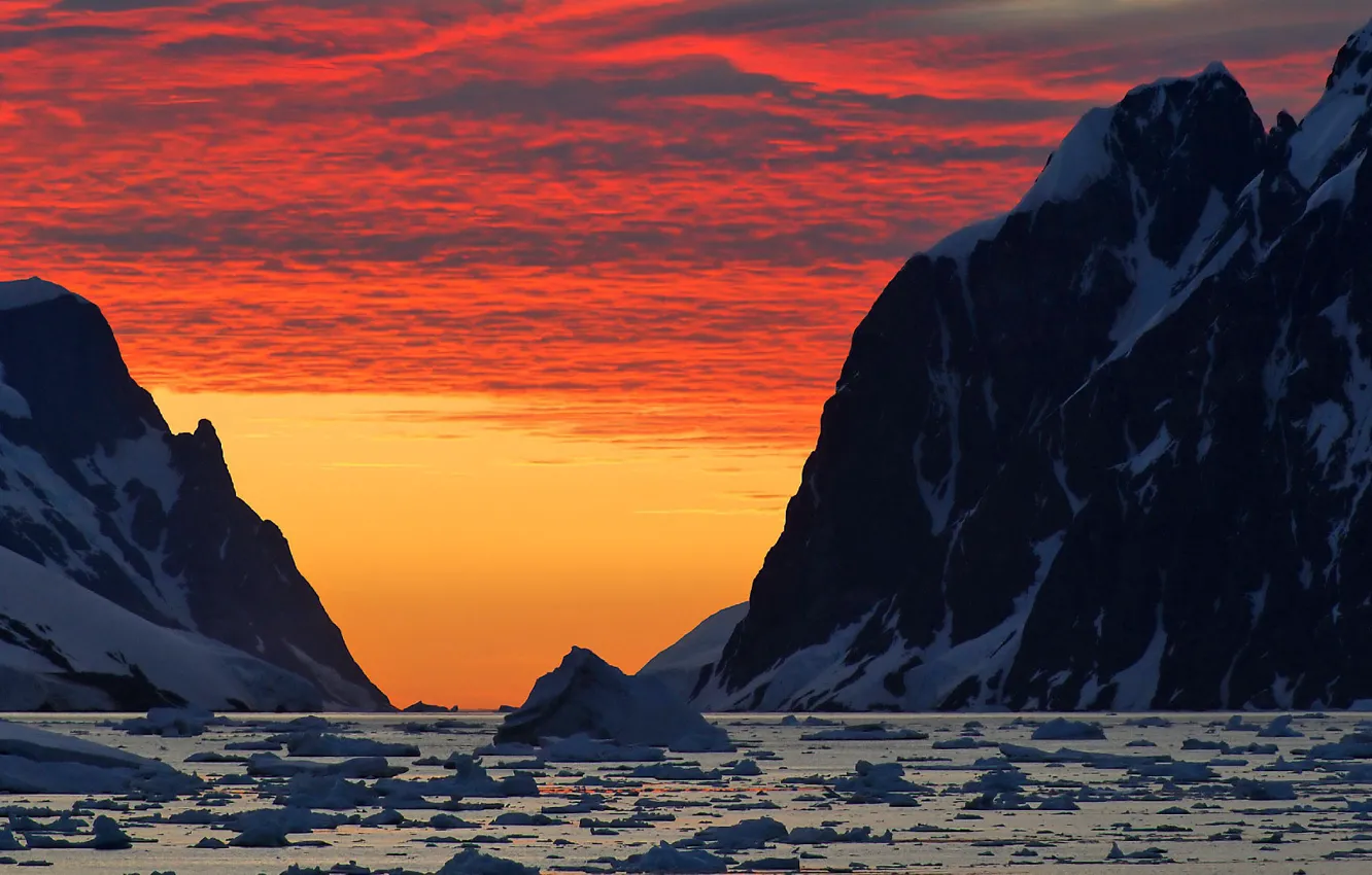 Photo wallpaper ice, sunset, iceberg, glow, Antarctica