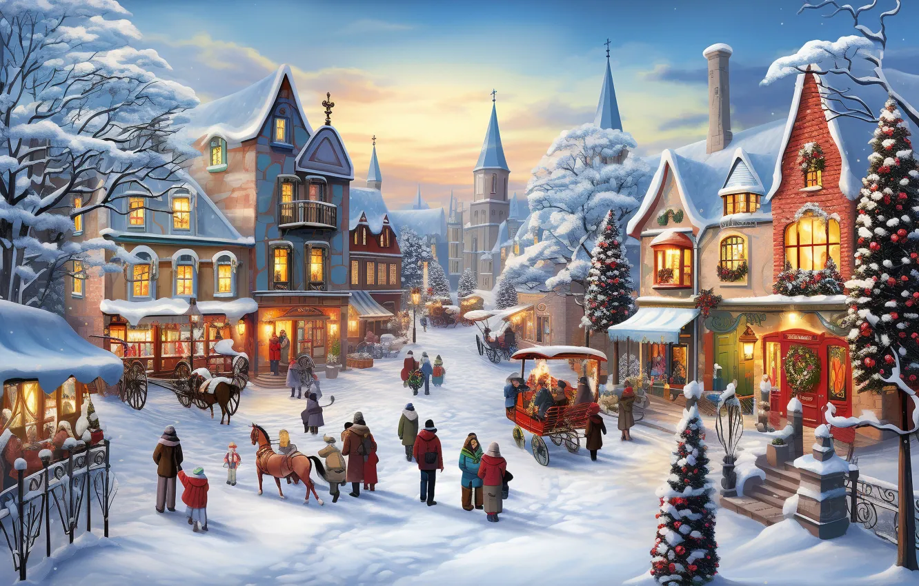 Photo wallpaper winter, snow, decoration, tree, new year, village, Christmas, house