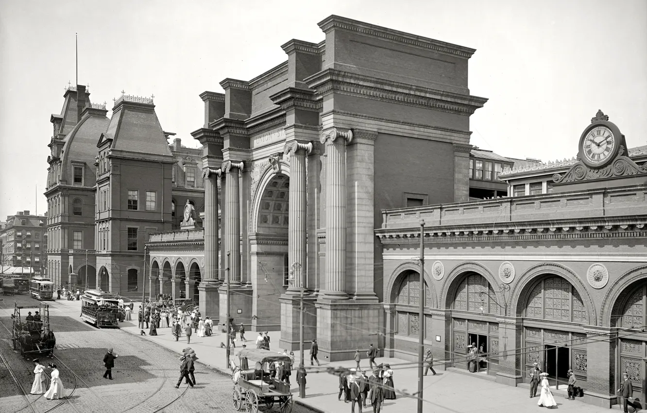 Photo wallpaper retro, station, home, tram, USA, 1905-th year