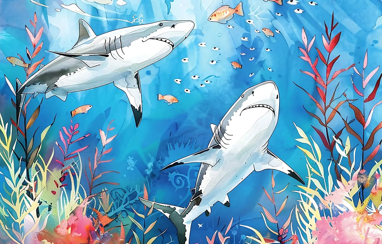 Photo wallpaper algae, fish, predator, shark, two, underwater world, digital art, imitation painting