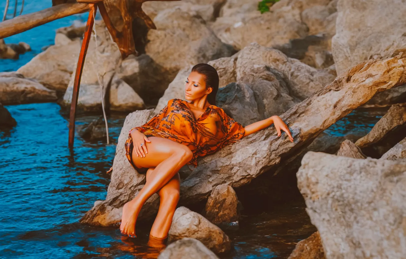 Photo wallpaper sea, girl, pose, stones, legs, Alexey Zinin