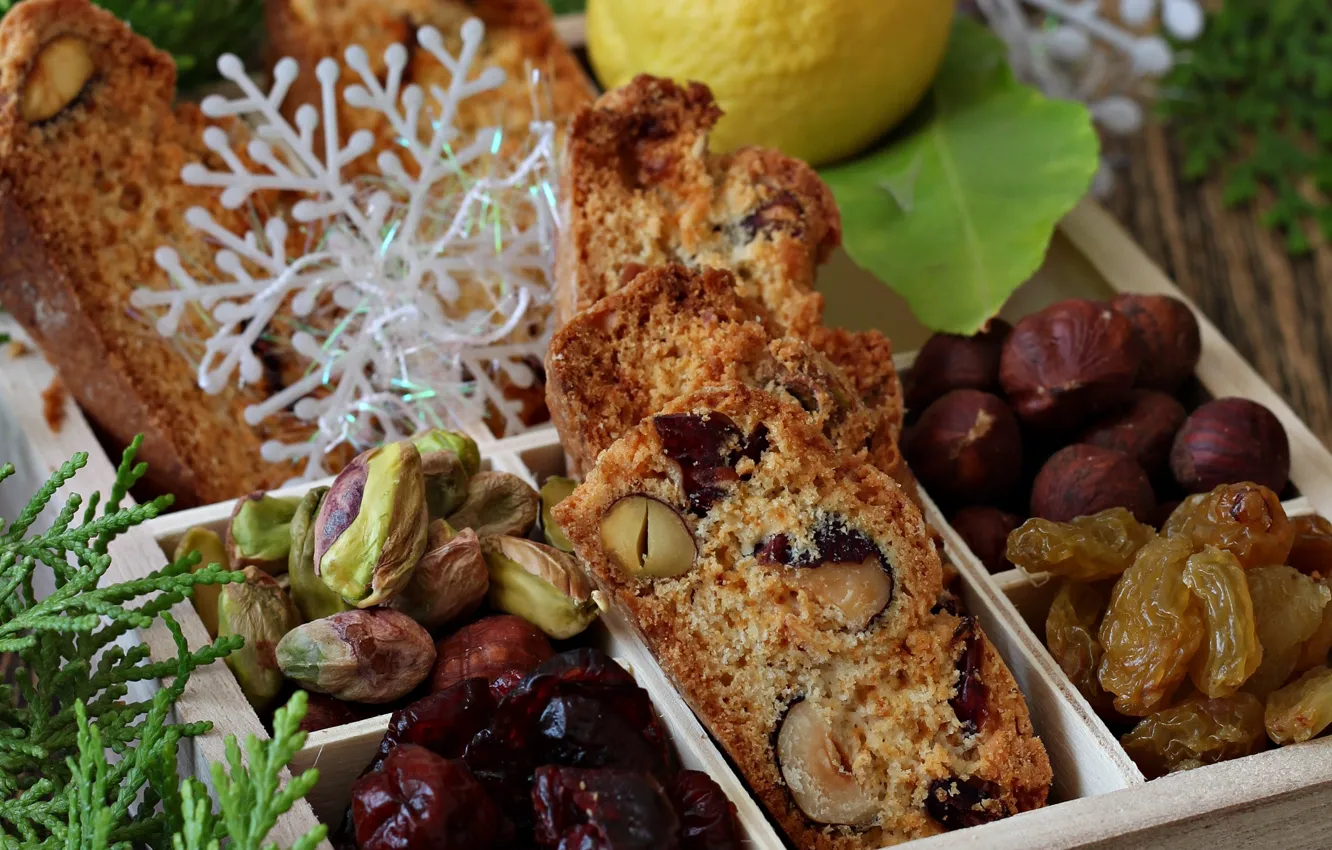Photo wallpaper cakes, hazelnuts, raisins, pistachios, cuts, dried fruits