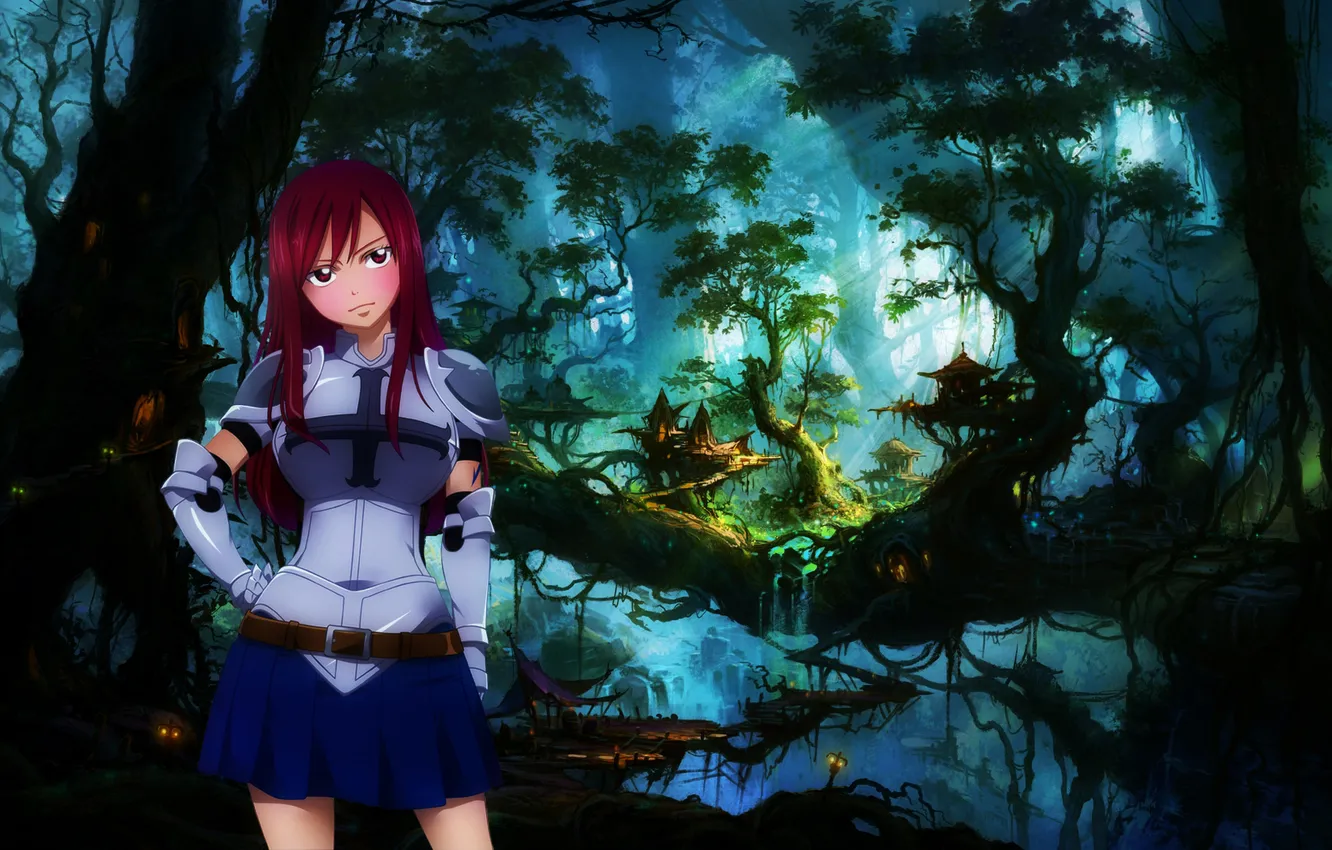 Photo wallpaper forest, look, girl, landscape, home, armor, blush, anime