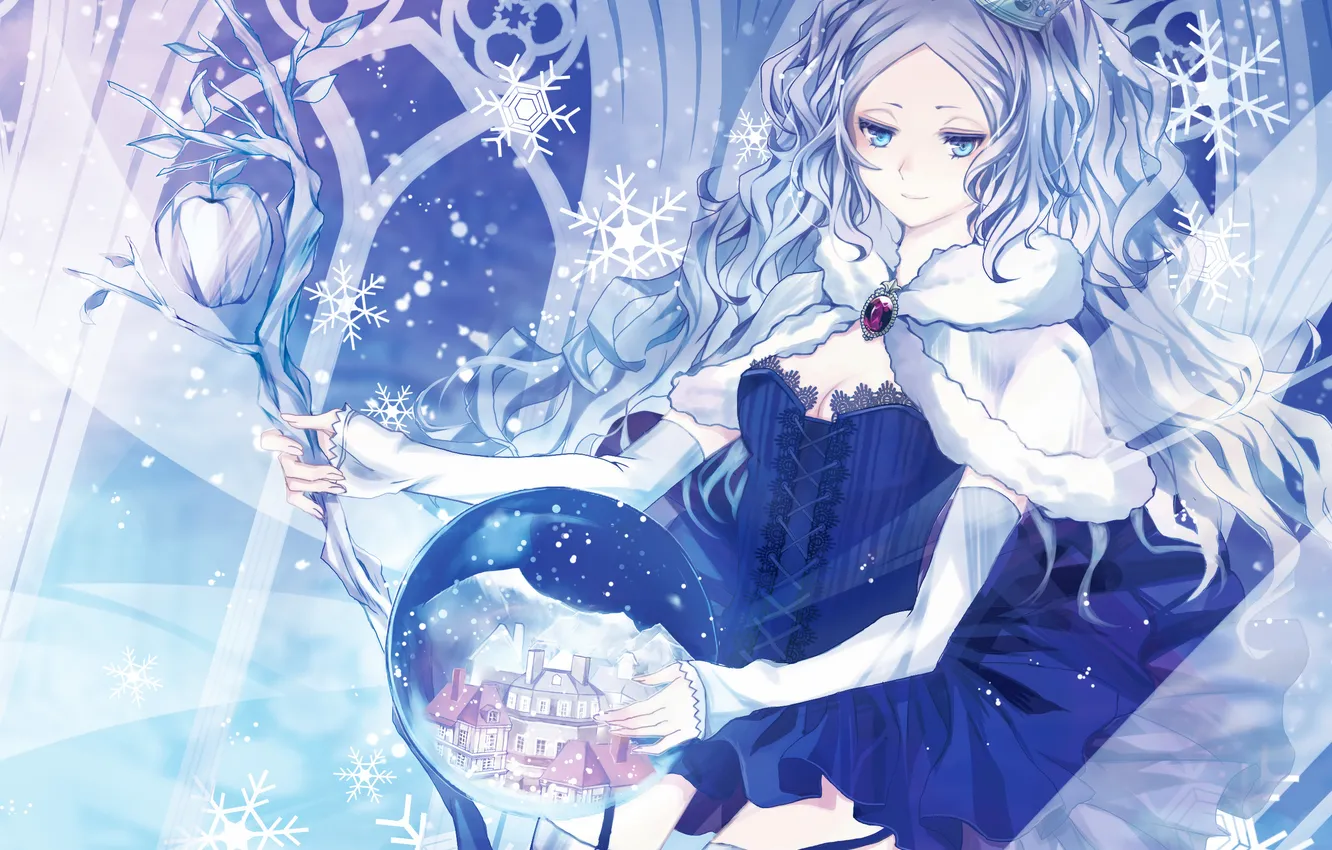 Photo wallpaper girl, snowflakes, smile, apples, crown, staff, art, nozomi fuuten