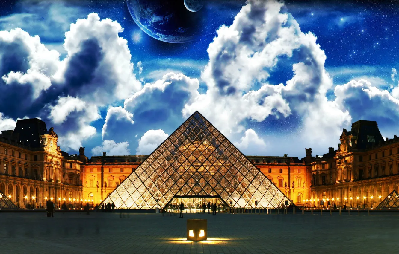 Photo wallpaper the sky, stars, clouds, night, Paris, planet, the Louvre