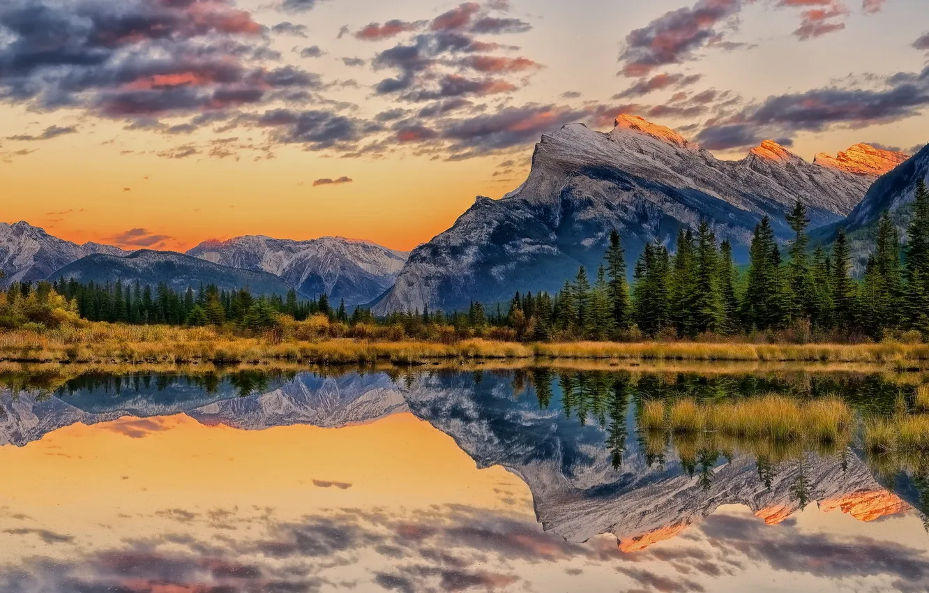 Photo wallpaper Alberta, sunset, dust, reflections, Banff, Vermillion Lakes
