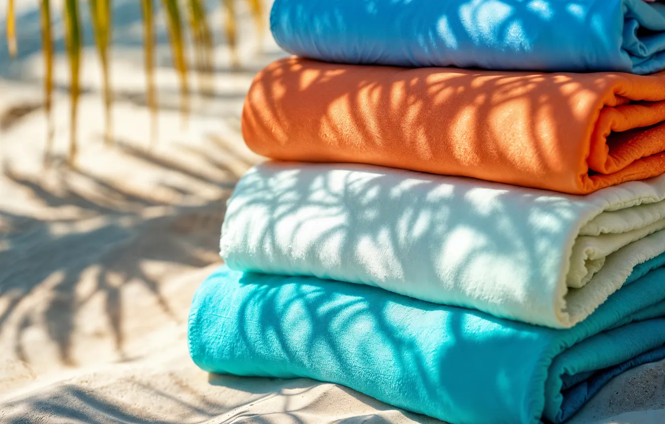 Photo wallpaper colorful, beach, sand, towels, stacked