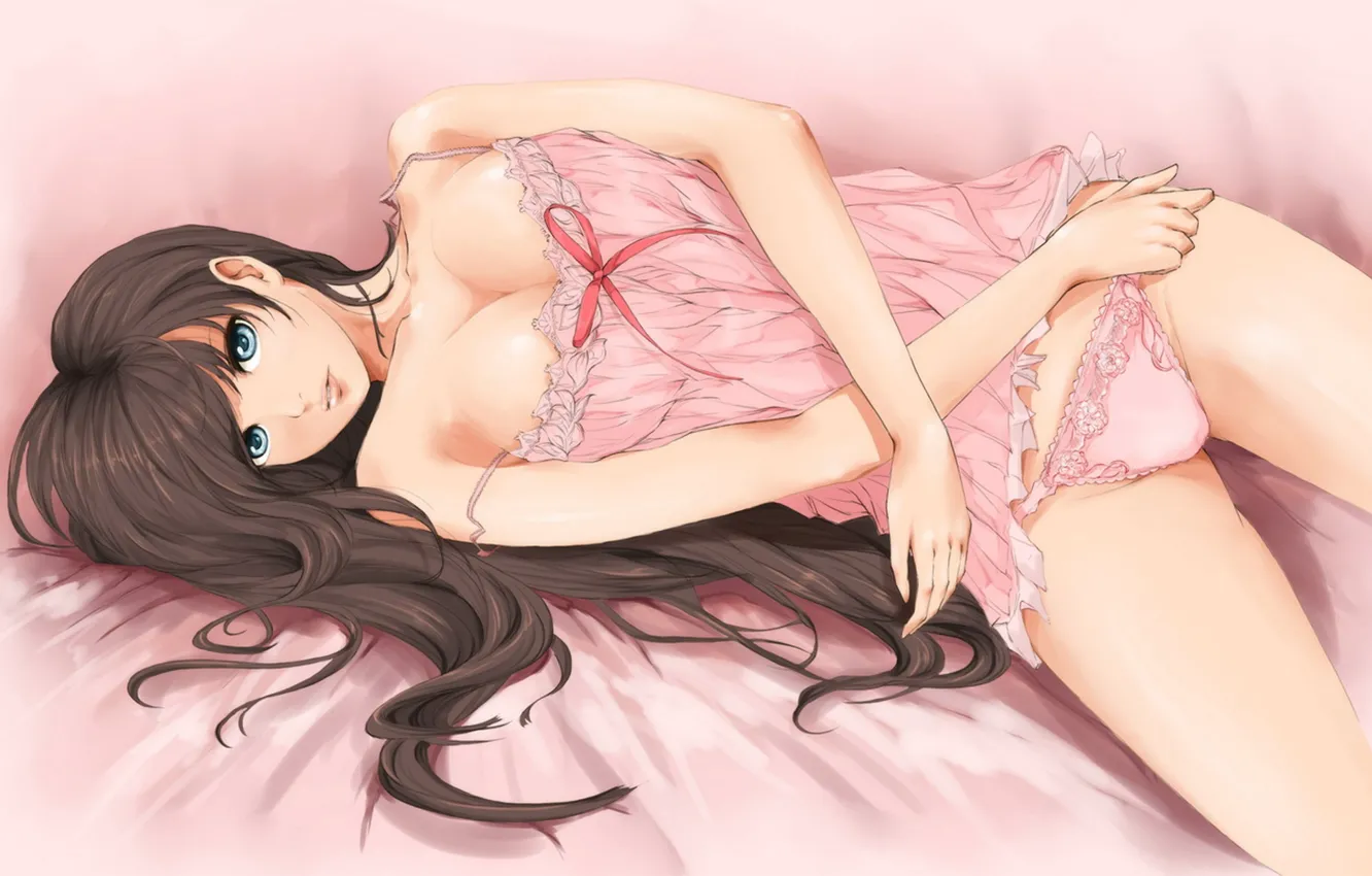 Photo wallpaper girl, brown hair, pink underwear, lying on the bed, On The Side, Lace lingerie