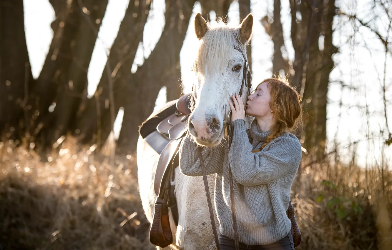 Photo wallpaper autumn, forest, white, grass, girl, light, trees, branches