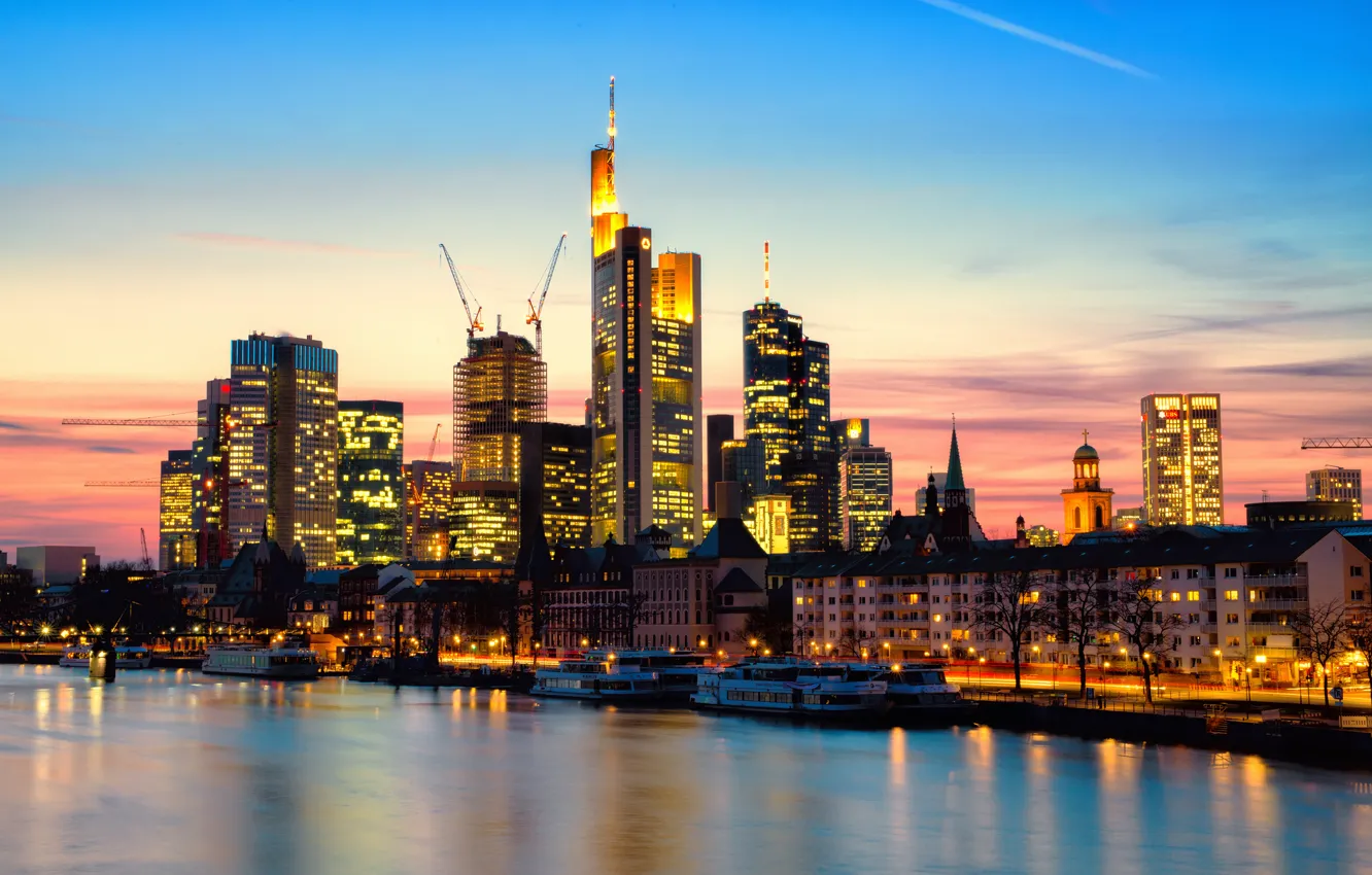 Photo wallpaper sunset, the city, lights, river, home, skyscrapers, the evening, Germany