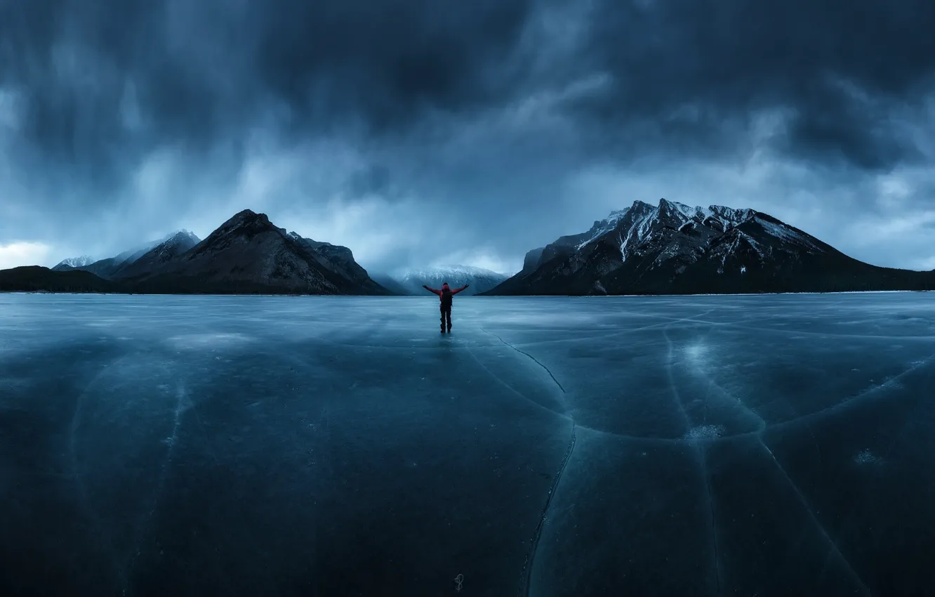Photo wallpaper ice, the sky, mountains, night, clouds, people, the evening