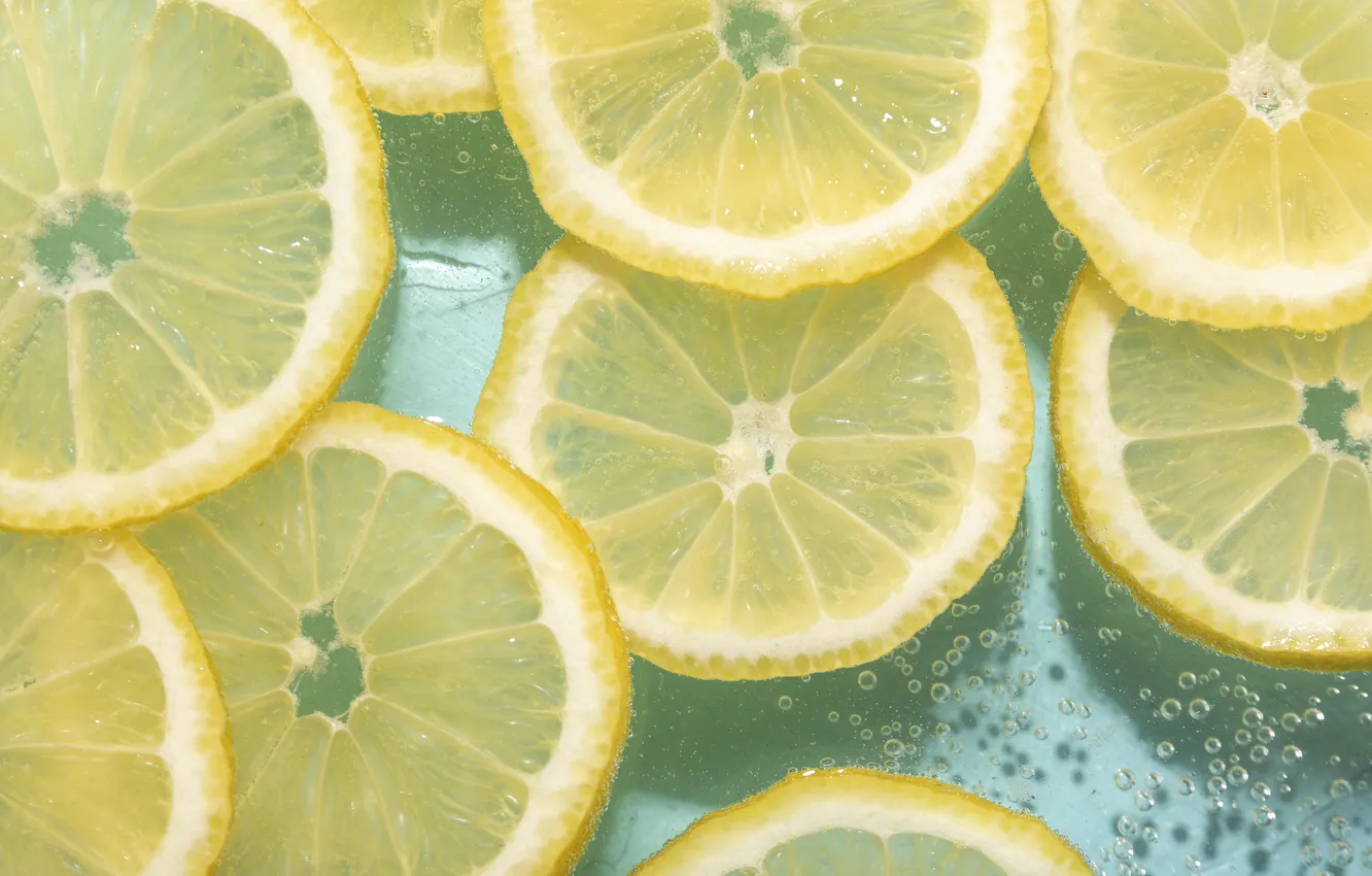 Photo wallpaper water, macro, bubbles, lemon, slices