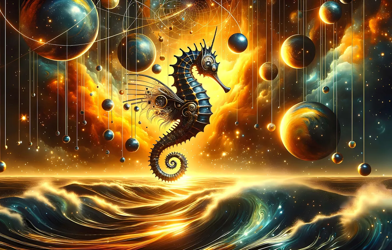 Photo wallpaper wave, balls, thread, seahorse