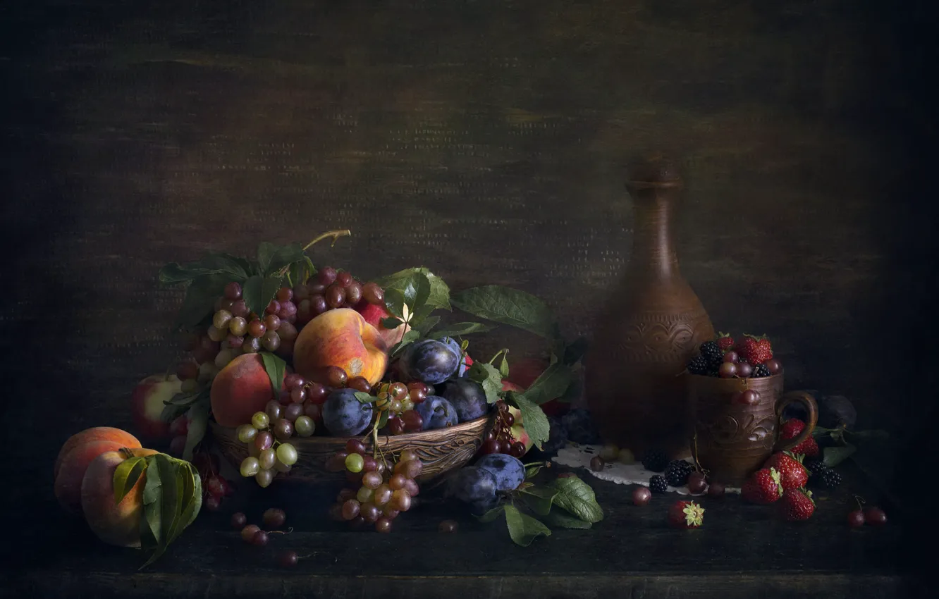 Photo wallpaper grapes, mug, fruit, still life, peaches, different, bottle, ceramics