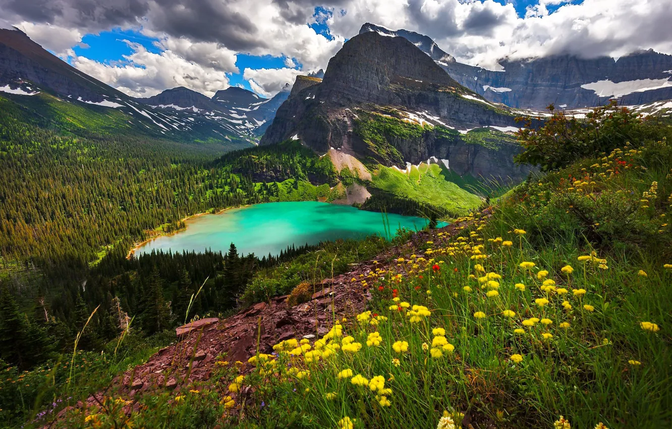 Photo wallpaper clouds, landscape, flowers, mountains, nature, lake, slope, forest