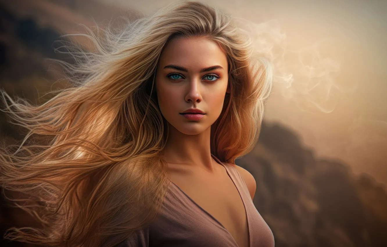 Photo wallpaper chest, look, girl, mountains, nature, face, rendering, portrait