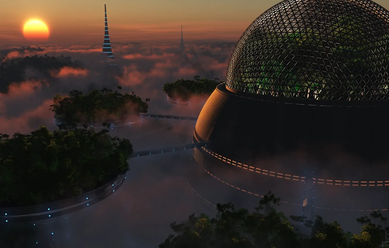 Photo wallpaper clouds, sunset, the city, rendering, sphere