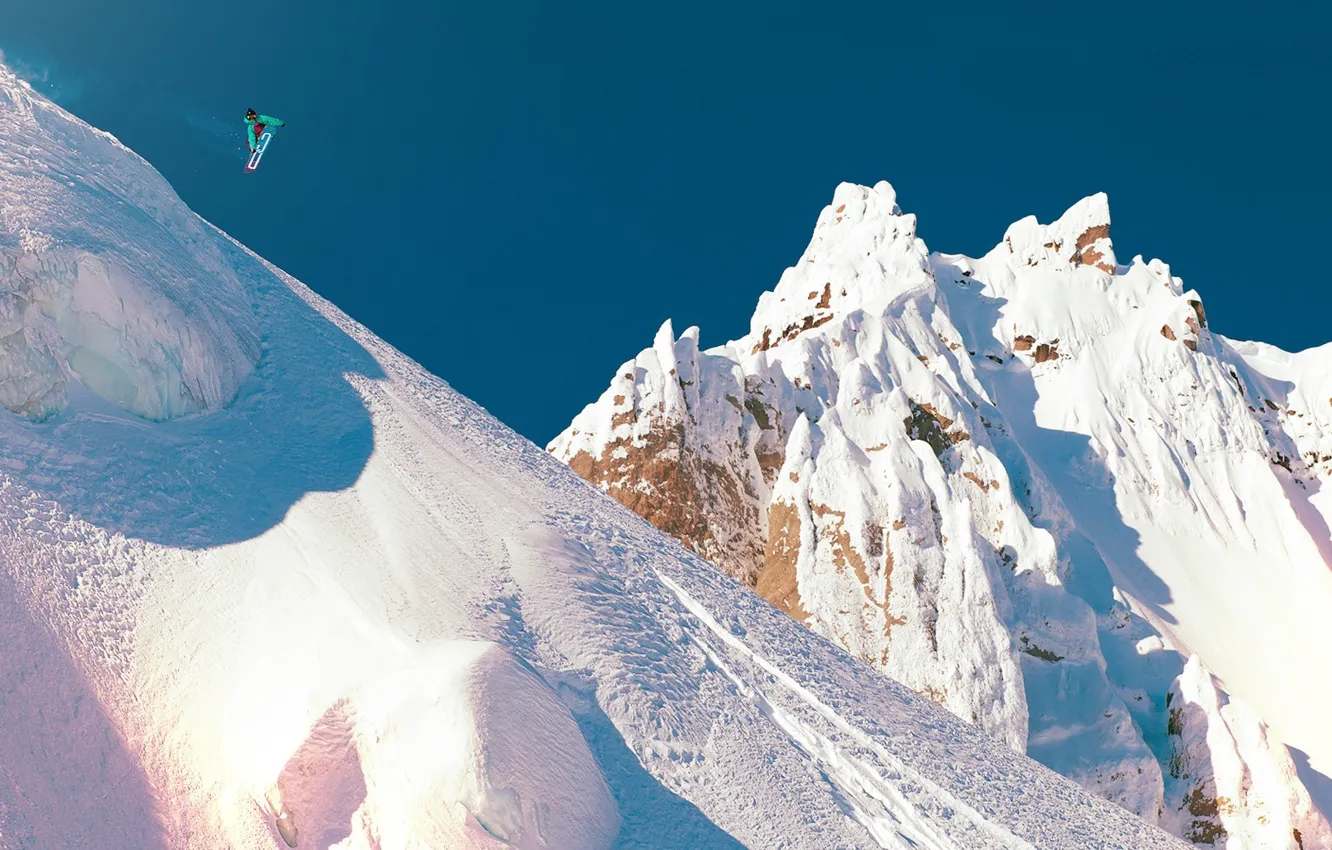 Photo wallpaper winter, snow, jump, snowboard, the descent