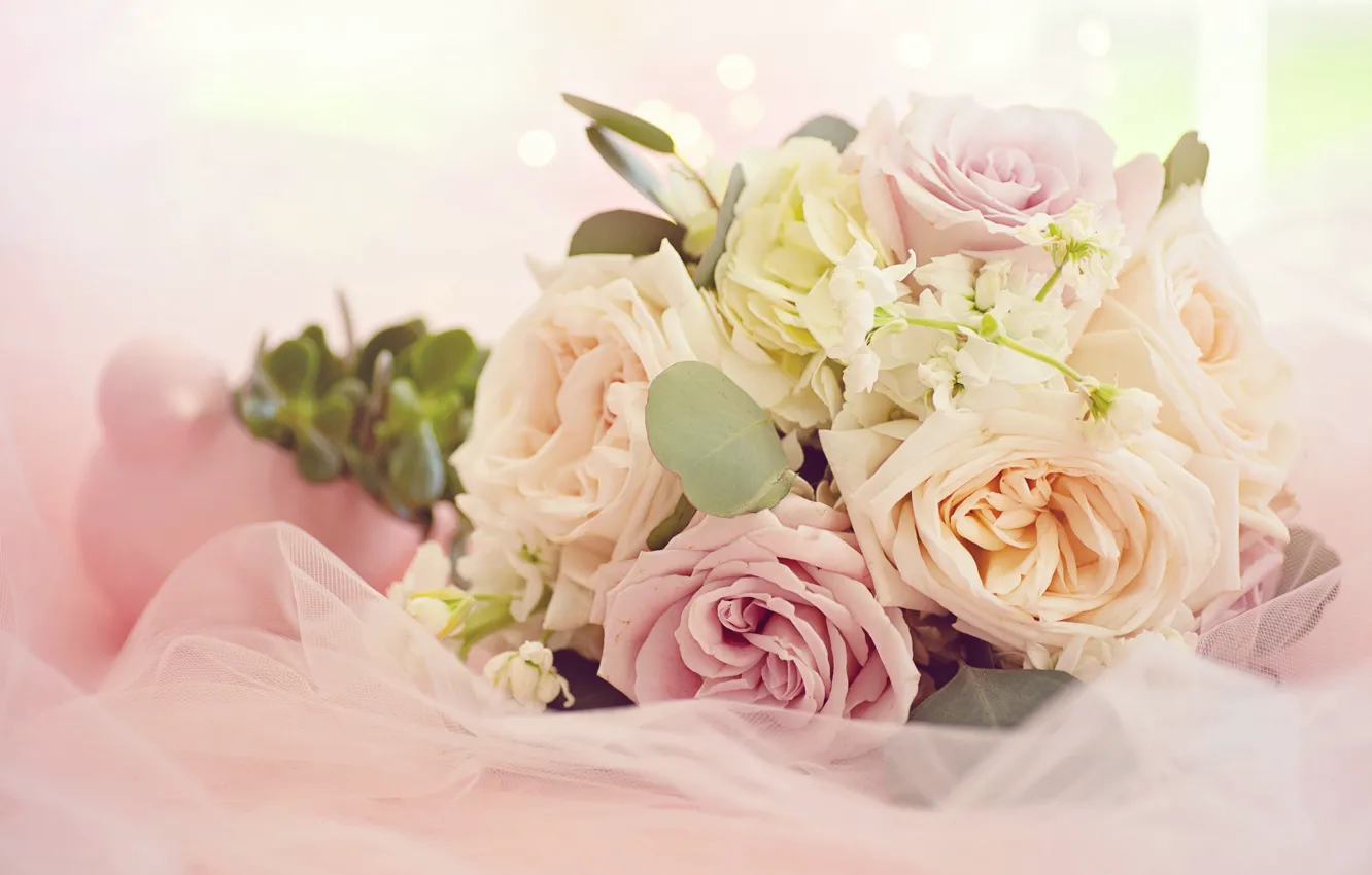 Photo wallpaper flowers, roses, bouquet, fabric, gentle, cream, pink, pastel colors