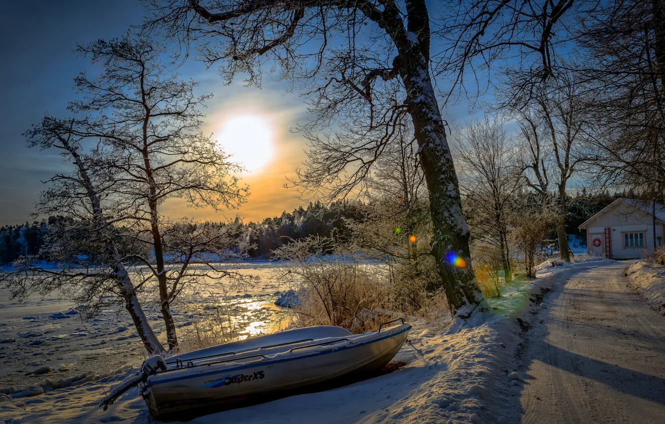 Photo wallpaper winter, road, boat, home, morning