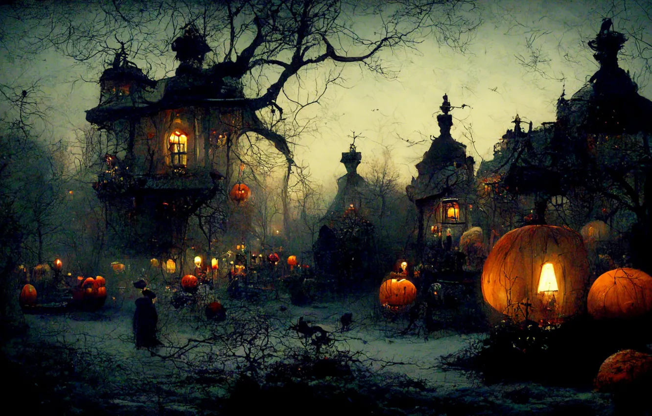 Photo wallpaper autumn, light, trees, night, branches, fog, holiday, figure