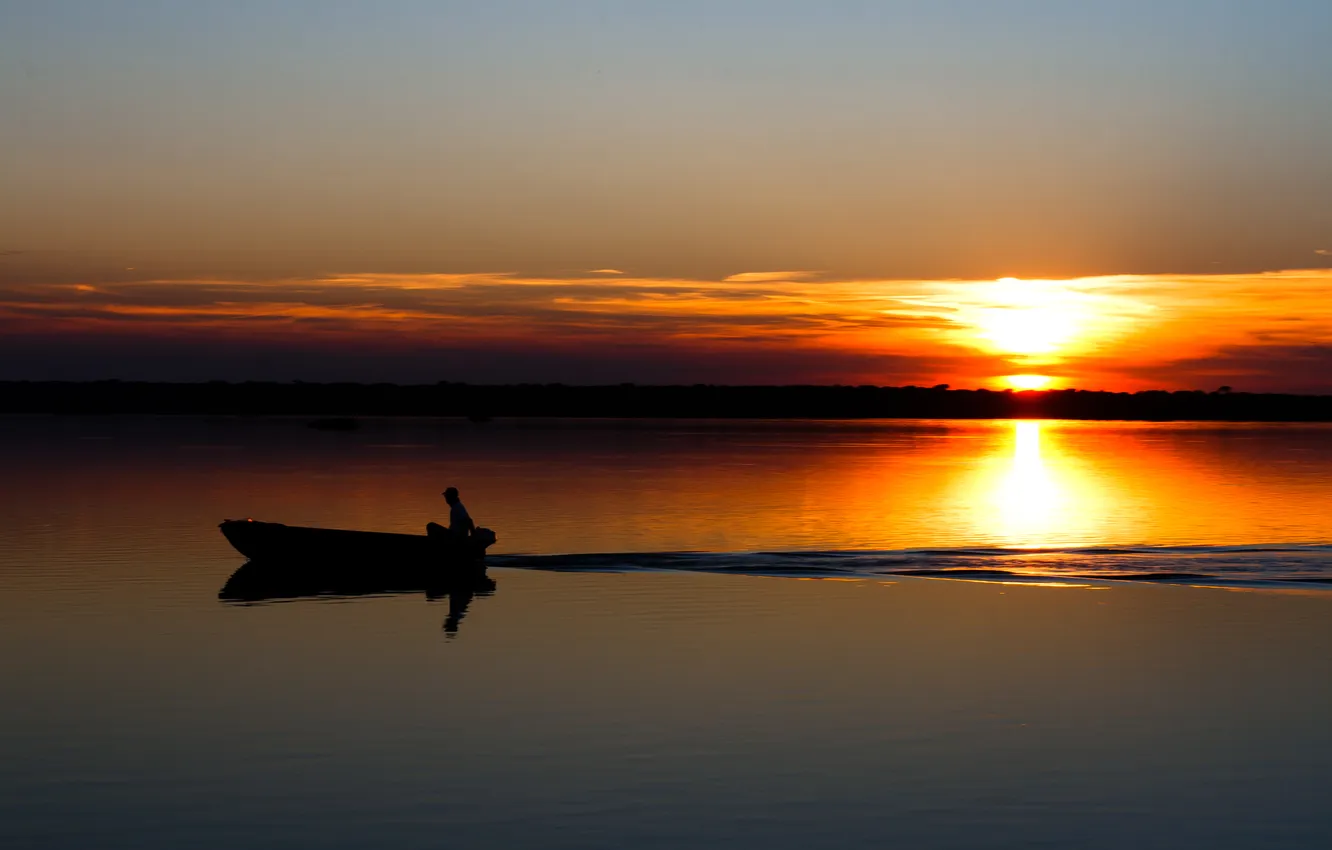 Photo wallpaper wave, the sun, sunset, river, shore, boat, trail, horizon